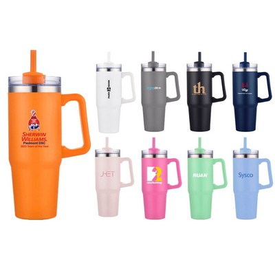 30 oz. Vacuum Stainless Steel Travel Mug w/ Handle & Straw
