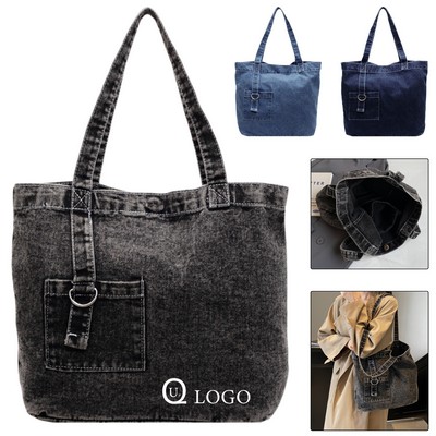 15.7 X 12.2" Denim Large Capacity Magnetic Snap Tote Bag