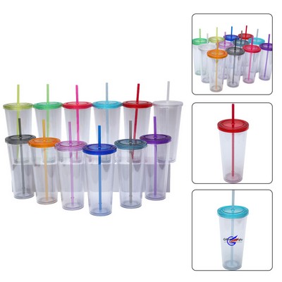 24 Oz Double Wall Tumbler Cup With Lid and Straw