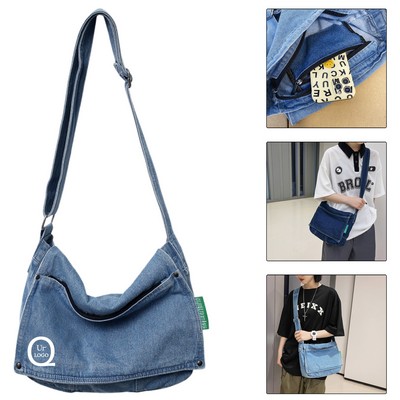 12.9 X 8.7" Denim Crossbody Messenger Bag W/ Wide Strap