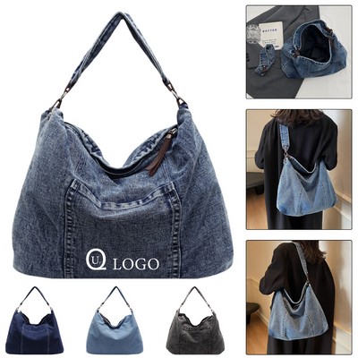 14.9 X 11.8" Denim Zippered Tote Bag W/ Dual Wide Strap
