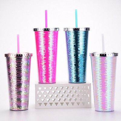24 OZ Double Wall Insulated Plastic Glitter Straw Tumbler