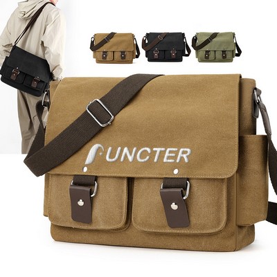 Vintage Canvas Messenger Bag - Multi-Pocket Crossbody Satchel